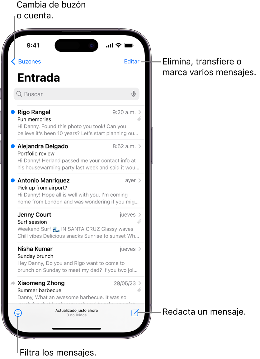 El buzón de entrada de Mail mostrando una lista de correos electrónicos.