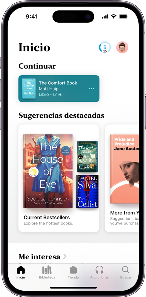 La pantalla Inicio de la app Libros. En la parte inferior de la pantalla, de izquierda a derecha, se encuentran las pestañas Inicio, Biblioteca, Tienda, Audiolibros y Buscar. La pestaña Inicio está seleccionada.