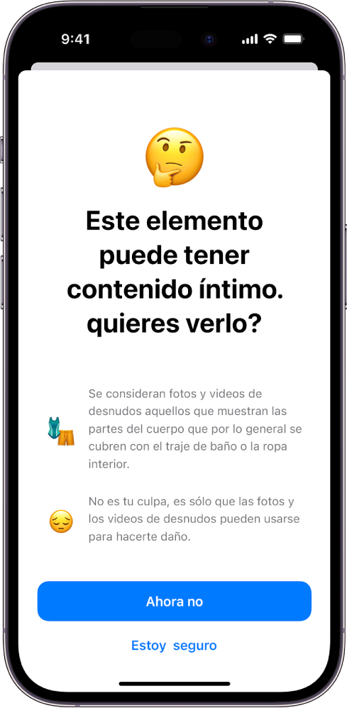 La pantalla de la advertencia de contenido íntimo avisando que se detectó una imagen con posible desnudez. En la parte inferior de la pantalla están estos botones: Ahora no y Sí.