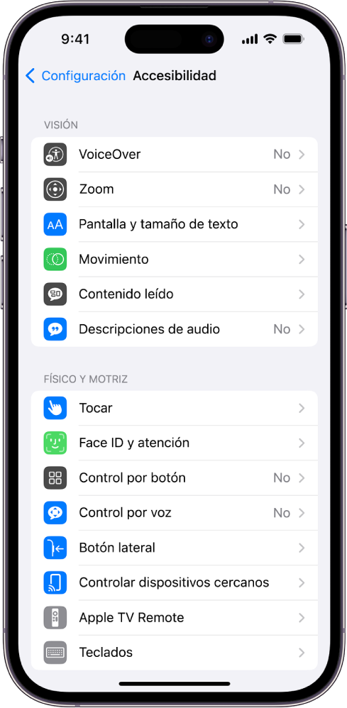 La pantalla Accesibilidad en Configuración mostrando las siguientes funciones integradas, de arriba a abajo: Funciones de visibilidad como VoiceOver, Zoom, Pantalla y tamaño de texto, Movimiento, Contenido leído, Descripciones de audio, y funciones físicas y motriz, como Tocar y Face ID y atención.