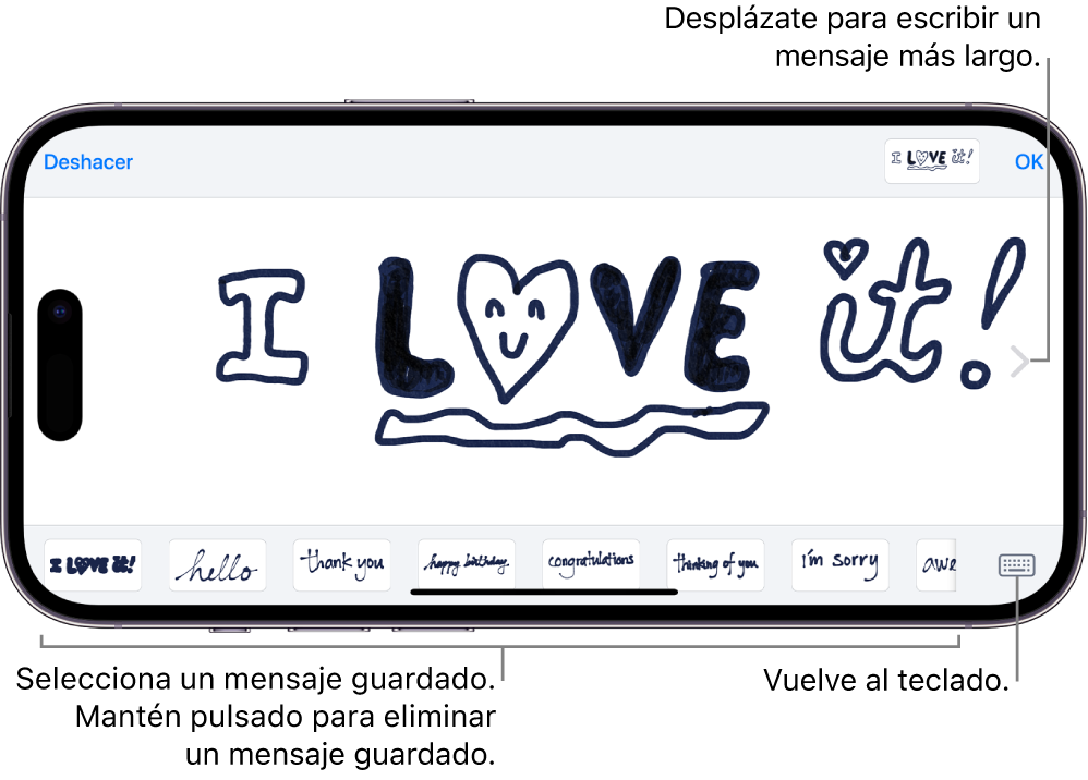 El lienzo para componer un mensaje escrito a mano. En la parte inferior de la pantalla, de izquierda a derecha, se encuentran los ítems escritos a mano y el botón Teclado.