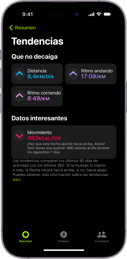 Pantalla Tendencias de la app Fitness, que muestra métricas de la distancia, el ritmo andando, el ritmo corriendo y las calorías quemadas.