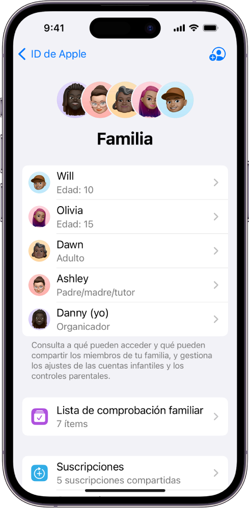 Pantalla “En familia” en Ajustes. Aparece una lista de cinco miembros y hay cuatro suscripciones compartidas con “En familia”.