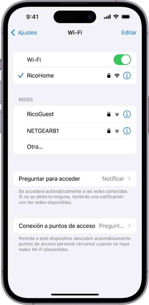 Pantalla de opciones de la red Wi‑Fi en Ajustes. La red Wi-Fi está activada y se ha seleccionado una red.