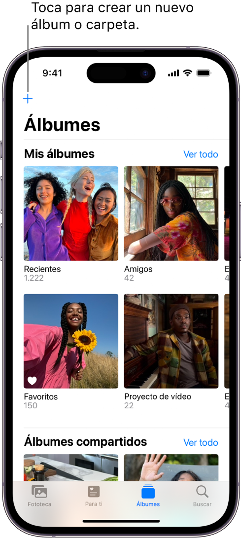 La pestaña Álbumes en la parte inferior de la pantalla está seleccionada y la pantalla Álbumes muestra varios álbumes debajo de los encabezamientos “Mis álbumes” y “Álbumes compartidos”. Junto al encabezado “Mis álbumes” está el botón “Ver todo”. En la esquina superior izquierda se encuentra el botón Añadir.