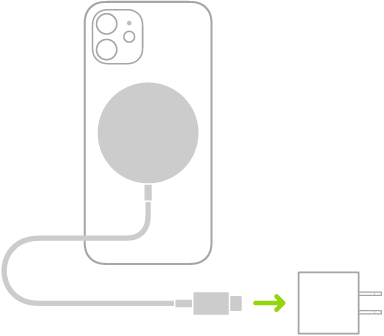 Joonisel on üks MagSafe Chargeri ots ühendatud iPhone'i tagaosaga ning teine ots toiteadapteriga.