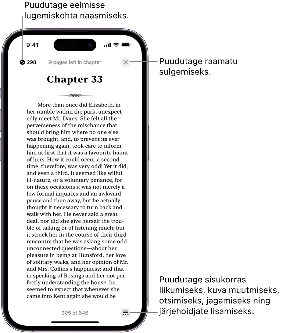 Rakenduses Books kuvatakse raamatu lehekülge. Ekraani ülaosas on nupud lugemise alguskohta naasmiseks ning raamatu sulgemiseks. Ekraanil all paremal on nupp Menu.