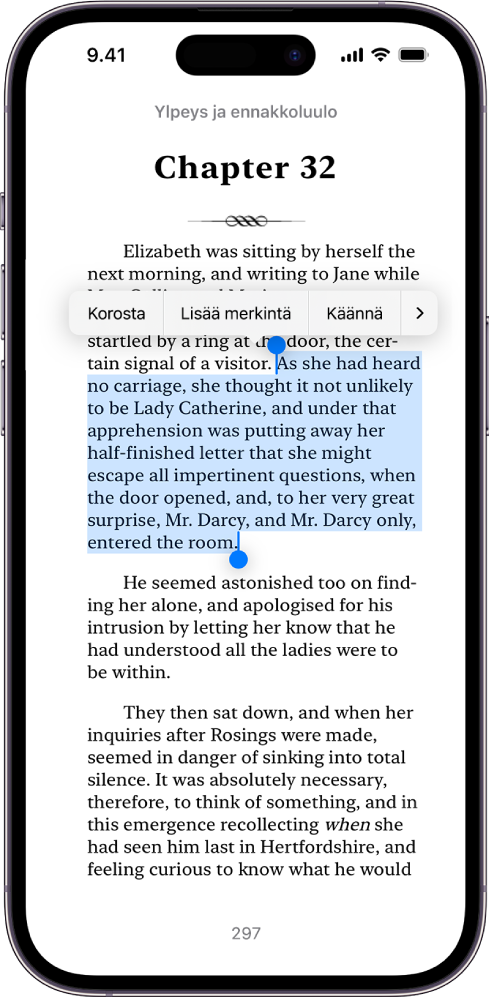 Kirjan sivu Kirjat-apissa. Osa sivun tekstistä on valittuna. Valitun tekstin päällä ovat Korosta-, Lisää merkintä- ja Käännä-säätimet.