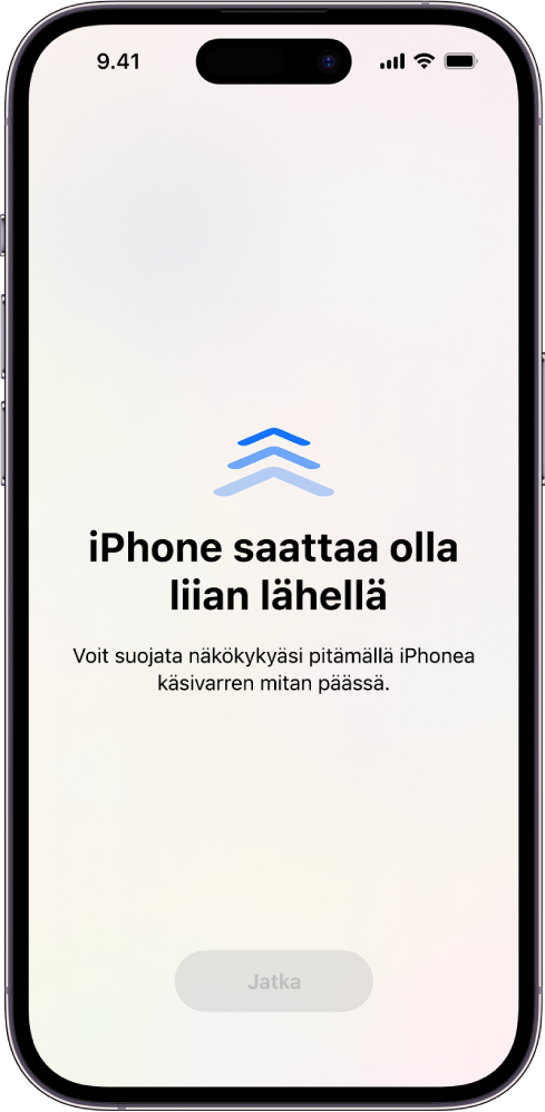 Näyttö, jossa varoitetaan, että pidät iPhonea liian lähellä ja sinun pitäisi suojella näköäsi siirtämällä sitä kauemmas. Varoitus täyttää koko näytön ja estää sinua jatkamasta. Jatka-painike aktivoituu, kun olet siirtänyt iPhonen turvalliselle etäisyydelle.