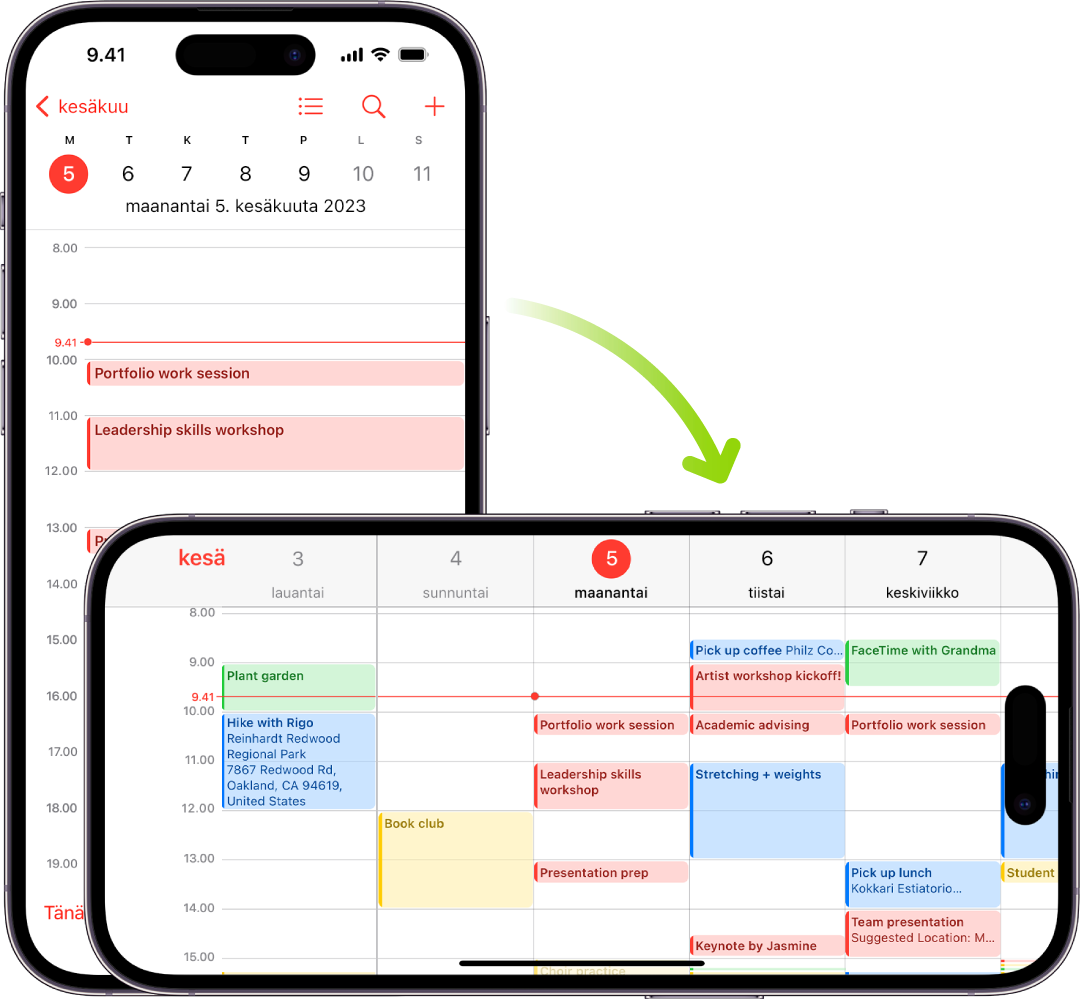 Taustalla olevassa iPhonessa näkyy Kalenteri-näkymä, jossa ovat yhden päivän tapahtumat pystysuunnassa. Etualalla on iPhone käännettynä vaakasuuntaan, ja siinä näkyvät kalenteritapahtumat koko siltä viikolta, jolla päivä on.