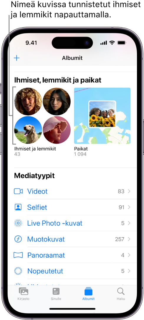 Kuvat-apin Albumit-näyttö. Ihmiset ja lemmikit näkyy näytön yläreunassa.