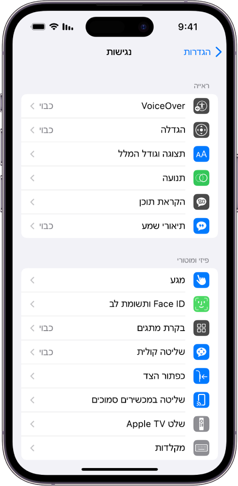 המסך ״נגישות״ מתוך ״הגדרות״ מציג את המאפיינים המובנים, מלמעלה למטה: תכונות ראייה, כולל VoiceOver, ״הגדלה״, ״תצוגה וגודל המלל״, ״תנועה״, ״הקראת תוכן״, ״תיאורי שמע״, ומאפיינים פיזיים ומוטוריים, כולל ״מגע״, Face ID ו״תשומת לב״.