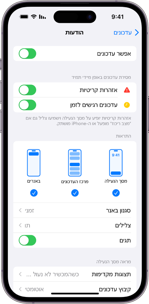 iPhone עם הגדות של ״הודעות״ עבור עדכונים והתראות.