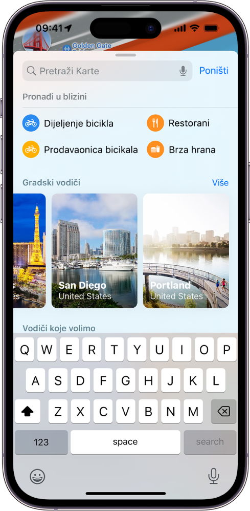 Kartica pretraživanja u aplikaciji Karte. Kategorije u blizini ispod polja pretraživanja uključuju Usluge dijeljenja bicikli i Restorani.