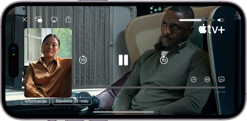 FaceTime poziv sa SharePlay sesijom s prikazom Apple TV+ video sadržaja koji se dijeli u pozivu. Osoba koja dijeli sadržaj prikazana je u malom prozoru, video ispunjava ostatak zaslona, a kontrole reprodukcije nalaze se pri vrhu videozapisa.