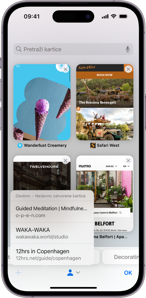 Pregledi otvorenih kartica vidljivi su na zaslonu. U donjem lijevom kutu zaslona odabrana je tipka Nova kartica, otkrivajući popis nedavno zatvorenih kartica.