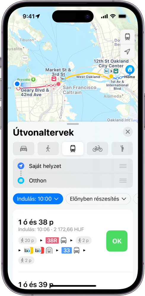Térkép tömegközlekedési útvonalakkal. Az alul megjelenő útvonalkártya az útvonal részleteit jeleníti meg, többek között a becsült utazási időt és a teljes költséget. Egy Indulás gomb jelenik meg a részletek mellett.