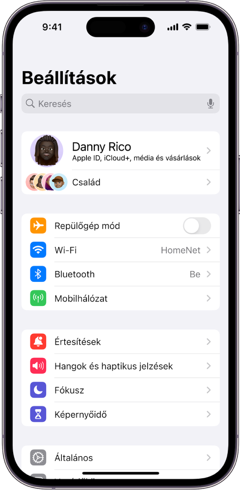 A Beállítások képernyője, amelynek tetején a keresőmező látható, alatta pedig számos beállítás – a Wi-Fi, az Értesítések, illetve a Hangok és haptikus jelzések.