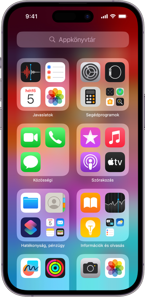 Az iPhone-on lévő Appkönyvtárban az appok kategóriánként rendezve láthatóak (Segédprogramok, Közösségi, Szórakozás stb.).