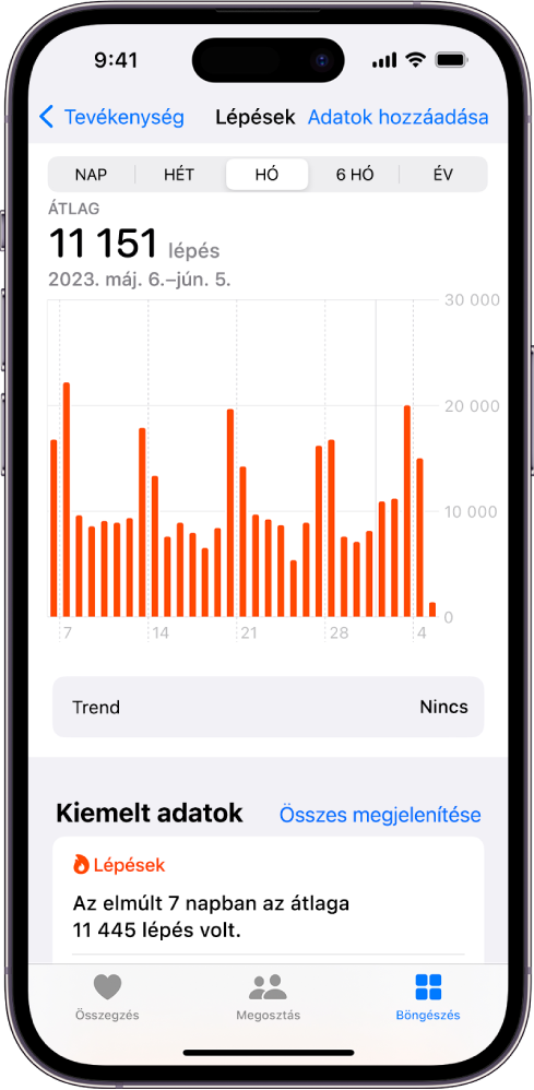 A Lépések képernyő több hét heti átlagát jeleníti meg.