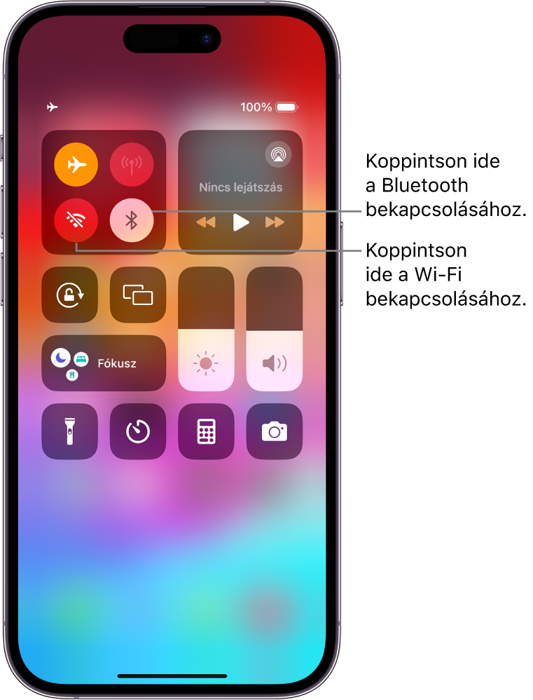 A Vezérlőközpont a bekapcsolt repülőgép móddal megjeleníti, hogy a Wi-Fi és a Bluetooth ki van kapcsolva. A Vezérlőközpont bal felső sarkában a Wi-Fi és a Bluetooth bekapcsolásához használható gombok láthatók.
