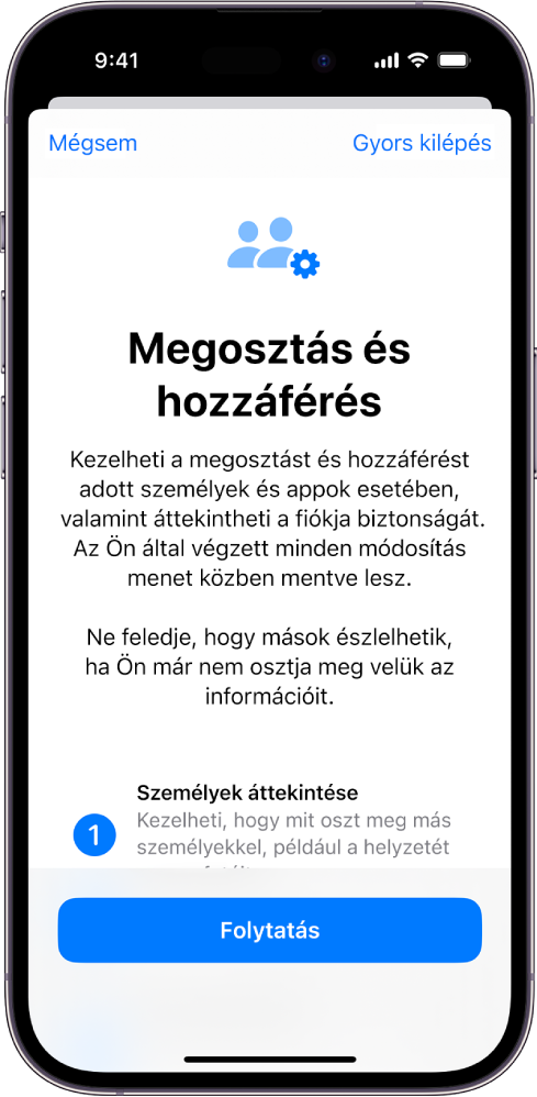 A Megosztás és hozzáférés kezelése képernyő a működését leíró információkkal. A Folytatás gomb alul található.