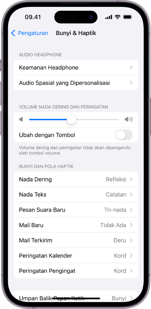 Layar Bunyi dan Haptik di Pengaturan. Pilihan pada layar dari atas ke bawah adalah Audio Headphone dan Keamanan Headphone, Volume Nada Dering dan Peringatan dengan penggeser untuk menyesuaikan volume dan pilihan untuk mengubah volume dengan tombol, serta Bunyi dan Pola Haptik termasuk Nada Dering dan Nada Teks.