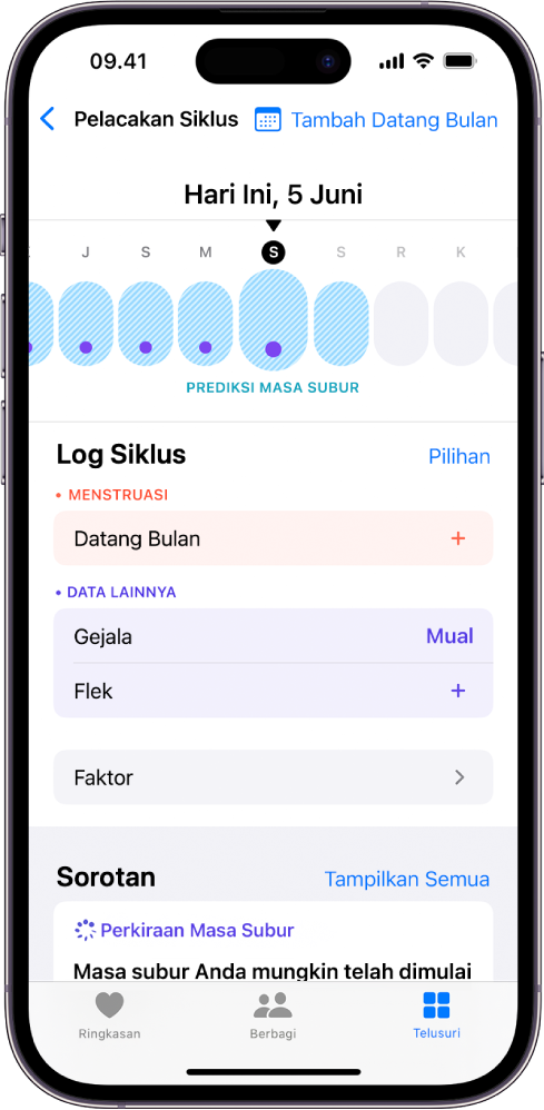 Layar Pelacakan Siklus dengan garis waktu di dekat bagian atas menampilkan perkiraan masa subur. Di bawah garis waktu terdapat pilihan untuk menambahkan informasi mengenai haid, gejala, dan lainnya.