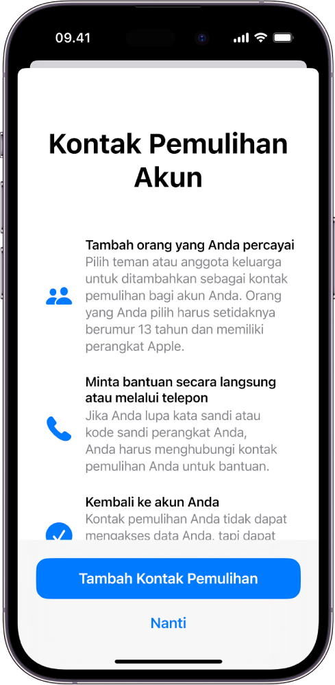 Layar Kontak Pemulihan Akun dengan informasi mengenai fitur. Tombol Tambah Kontak Pemulihan ada di bawah.