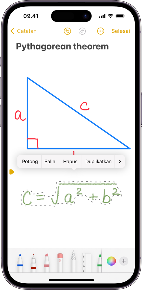 Catatan dengan persamaan tulisan tangan dipilih. Di atas pilihan adalah menu dengan pilihan untuk memotong, menyalin, menghapus, dan banyak lagi.