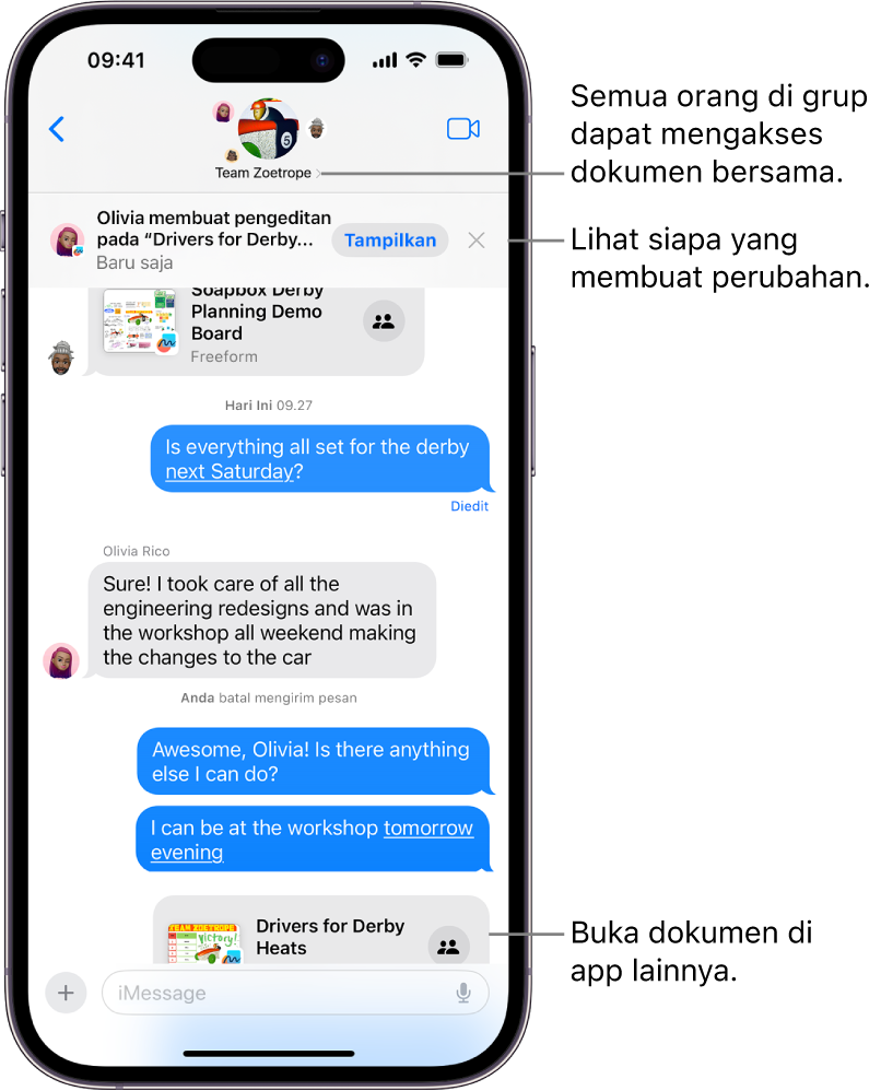 Percakapan grup di Pesan meliputi undangan kolaborasi dan pembaruan di bagian atas jendela percakapan.