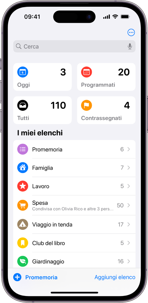 Una schermata che mostra vari elenchi in Promemoria. Il campo di ricerca compare in alto sopra gli elenchi smart per gli elementi in scadenza oggi, tutti i promemoria, quelli programmati e quelli contrassegnati. Il pulsante “Aggiungi elenco” si trova in basso a destra.