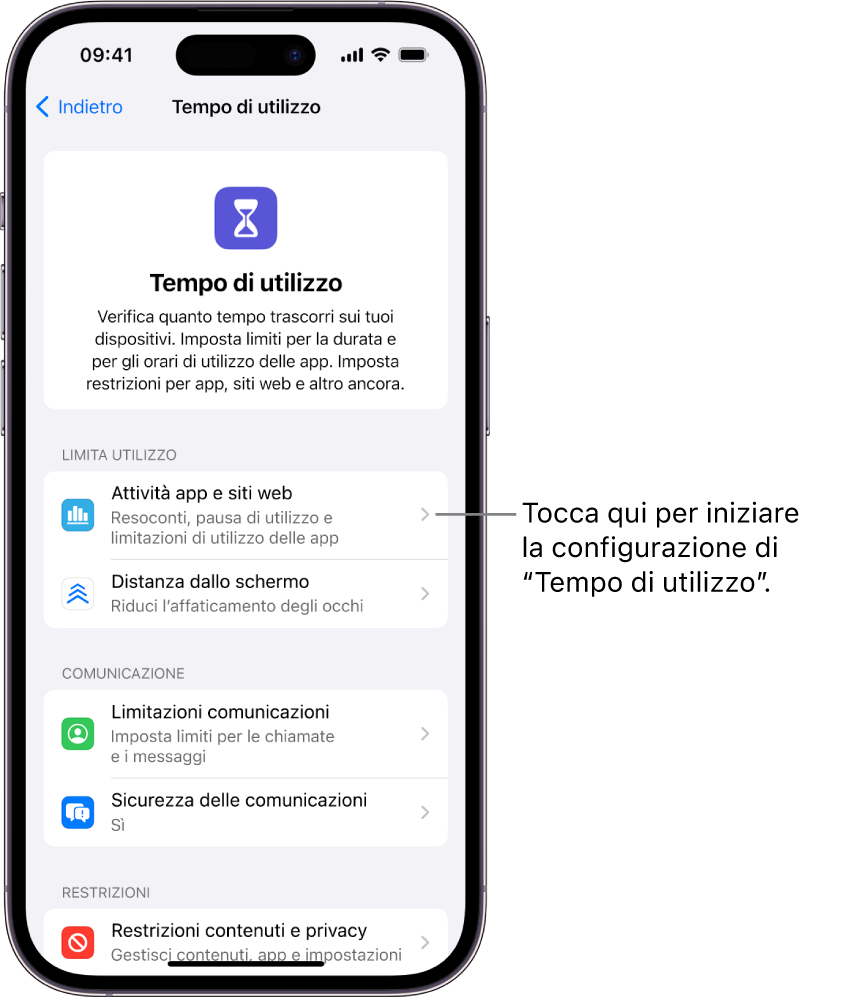 La schermata di configurazione di “Tempo di utilizzo”, con il pulsante “Attività app e siti web”.