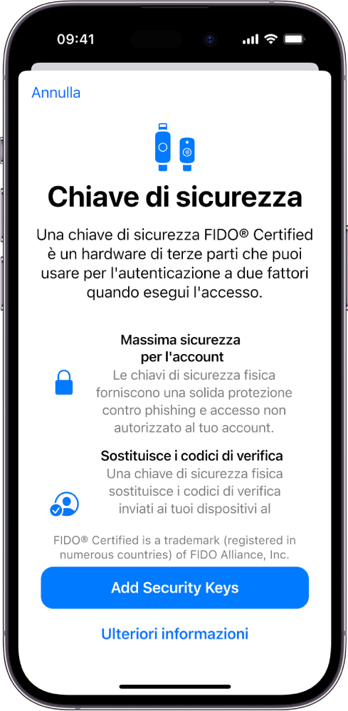 La schermata di benvenuto delle chiavi di sicurezza. Nella parte inferiore è presente un pulsante “Aggiungi chiavi di sicurezza” e un link “Ulteriori informazioni”. Sopra è presente un testo che spiega i vantaggi dell’uso delle chiavi di sicurezza.