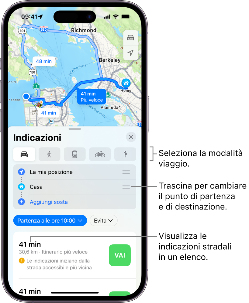 Una mappa che mostra vari itinerari in auto tra due luoghi, con opzioni per scegliere modalità di viaggio alternative, invertire il punto di partenza e la destinazione e visualizzare le indicazioni in un elenco.