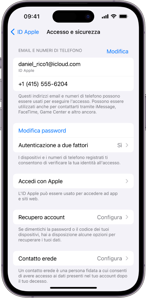 La schermata “Accesso e sicurezza” in Impostazioni.