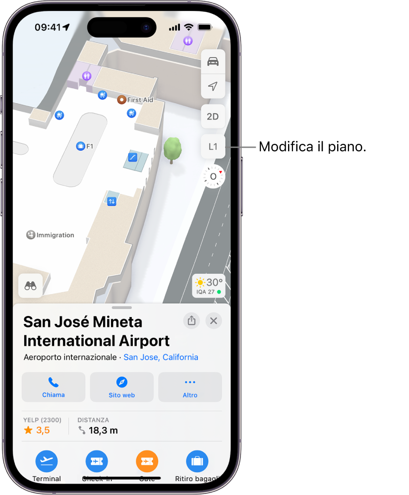 La mappa degli interni del terminal di un aeroporto. Tra i luoghi evidenziati ci sono i controlli dell’immigrazione, le scale, i bagni e il primo soccorso. Per passare a un altro piano delle mappe degli edifici su più piani, tocca il pulsante L1 (per “Livello 1”)