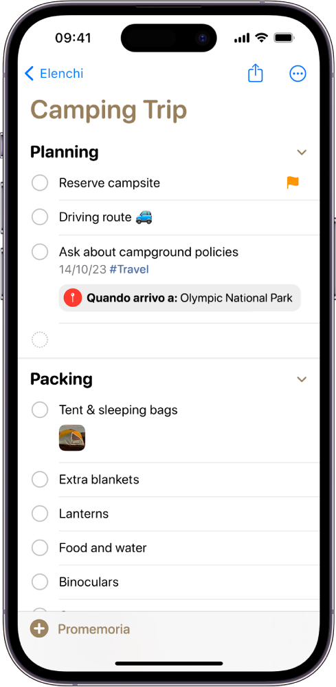 Un elenco di controllo per un viaggio in campeggio in Promemoria. Alcuni elementi hanno tag, posizioni, contrassegni e foto. Il pulsante “Nuovo promemoria” si trova in basso a sinistra.