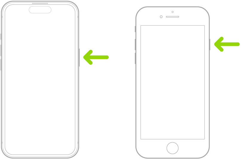 iPhoneの右側面にあるボタンを指している緑の矢印。