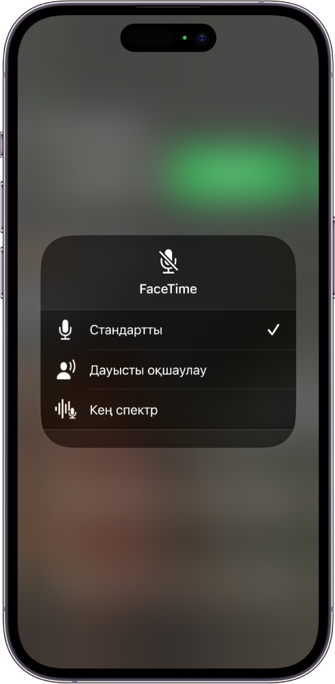 «Стандартты», «Дауысты оқшаулау» және «Кең спектр» дыбыс реттеулерін көрсетіп тұрған FaceTime қоңырауларына арналған Басқару орталығы «Микрофон режимі» реттеулері.