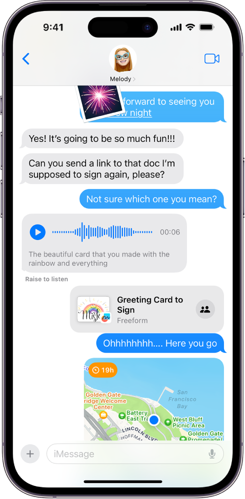 Pokalbis programoje „Messages“, kuriame rodomos „iMessage“ funkcijos.