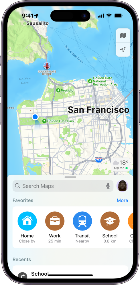 Programos „Maps“ apatinėje ekrano pusėje rodomas paieškos laukas. Po paieškos lauku yra keturios vietos, išsaugotos kaip mėgstamiausiosios: „Home“, „Work“, „Transit“ ir „School“.
