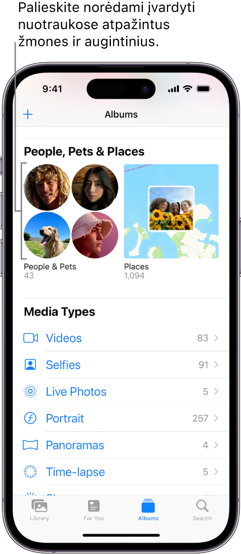 Programos „Photos“ ekranas „Albums“. Ekrano viršuje yra tekstas „People & Pets“.
