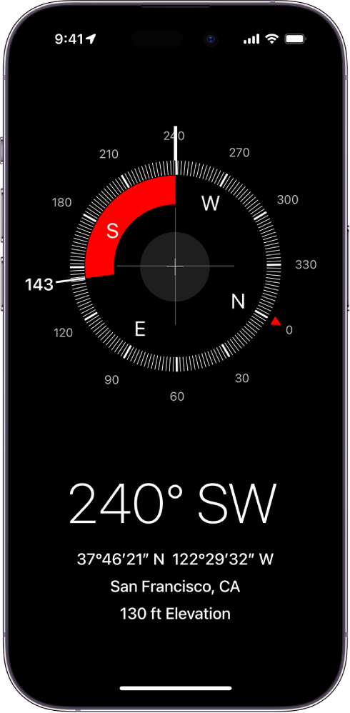 Ekranas „Compass“, kuriame nurodoma, kuria kryptimi rodo „iPhone“, dabartinė buvimo vieta ir aukštis.