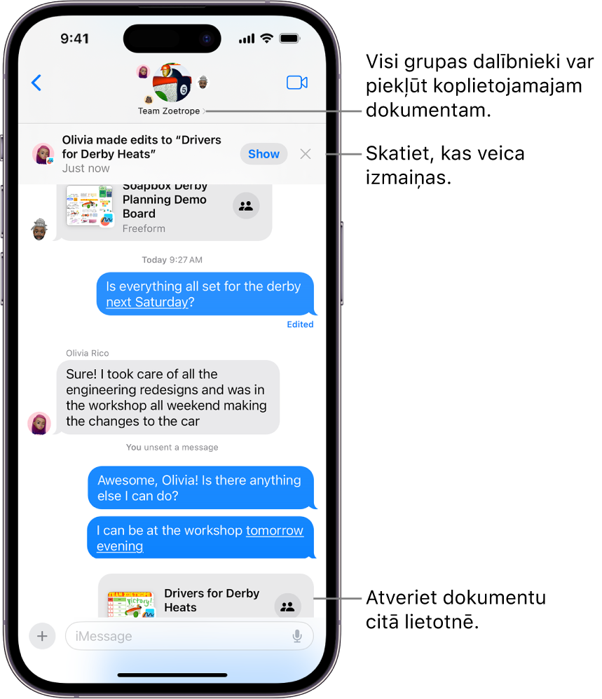 Grupas saruna lietotnē Messages, tostarp sadarbības uzaicinājums un atjauninājumi sarunas loga augšdaļā.