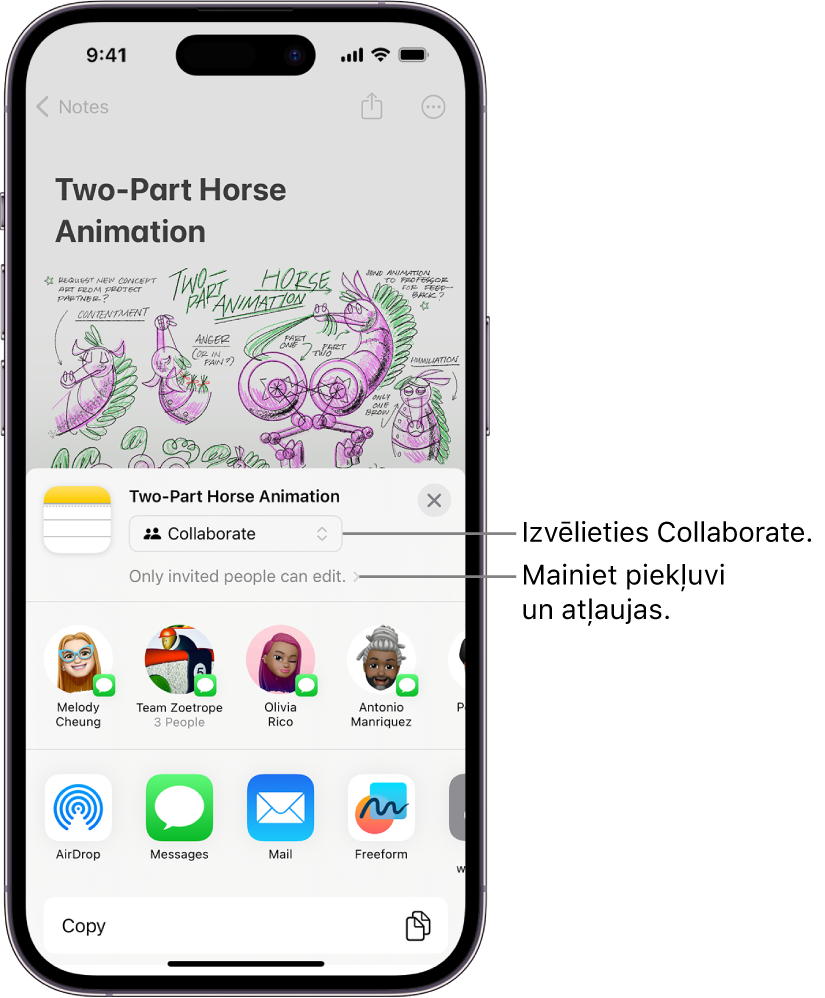 Sadarbības uzaicinājums uz zīmējumu lietotnē Notes, kurā redzama kopīgošanas opcija Collaborate un “Only people you invite can edit” (Tikai uzaicinātie cilvēki var rediģēt) kā piekļuves un atļaujas iestatījums. Zem tā rindu veido četri iespējamie saņēmēji, tostarp grupa. Apakšējā rindā ir dažādi veidi, kā kopīgot piezīmi: AirDrop, Messages, Mail un Freeform.