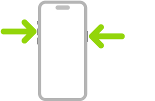 Attēls ar iPhone tālruni, kurā bultiņas norāda uz sānu pogu augšējā labajā malā un skaļuma palielināšanas pogu augšējā kreisajā malā.