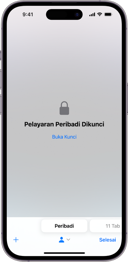 Safari dibuka ke Pelayaran Peribadi. Di bahagian tengah skrin ialah perkataan Pelayaran Peribadi Dikunci. Di bawahnya ialah butang Buka Kunci.