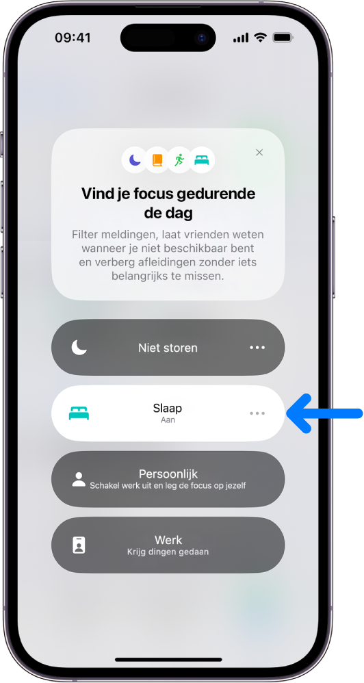 Het scherm 'Focus', met 'Slaapfocus' ingeschakeld en de focusthema's 'Niet storen', 'Persoonlijk' en 'Werk' uitgeschakeld.