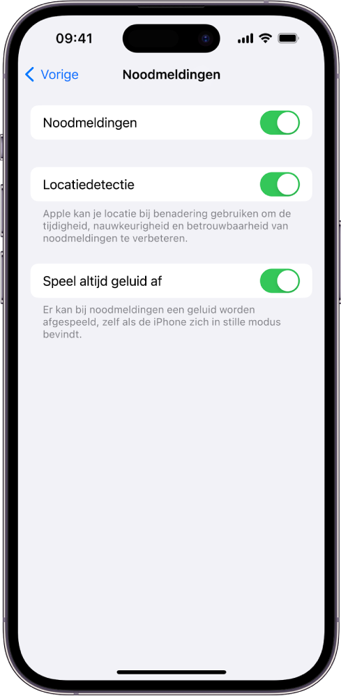 Het noodmeldingenscherm waarin de opties 'Noodmeldingen', 'Locatiedetectie' en 'Speel altijd geluid af' zijn ingeschakeld.